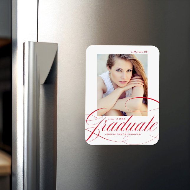 Eleganter Red Calligraphy Script Foto Abschluss Magnet (Von Creator hochgeladen)