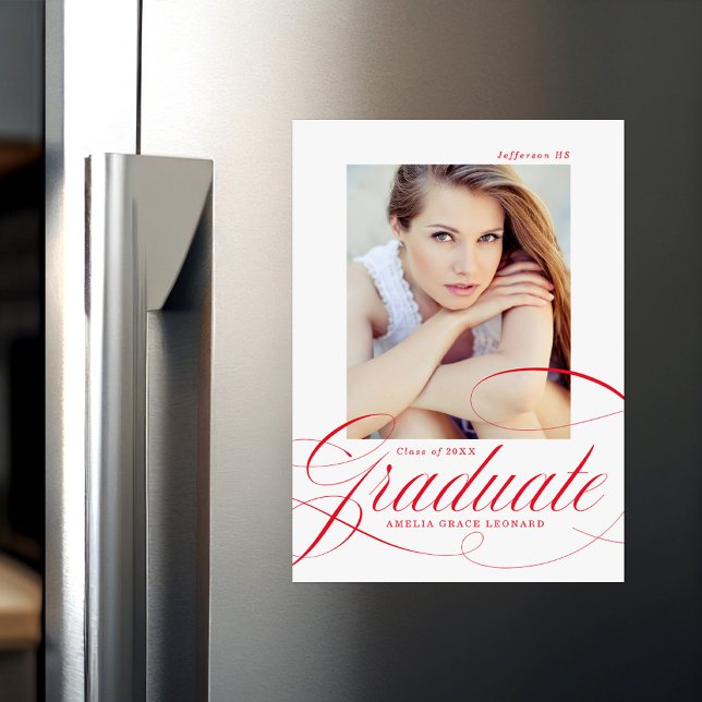 Eleganter Red Calligraphy Script Foto Abschluss Magneteinladung (Von Creator hochgeladen)