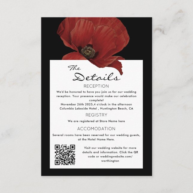 Eleganter Red Floral QR Code Wedding Guest Details Begleitkarte (Vorderseite)