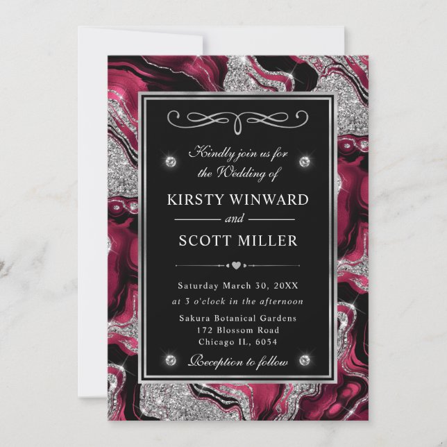 Eleganter Red Foil & Silver Glitzer Agate Wedding Einladung (Vorderseite)