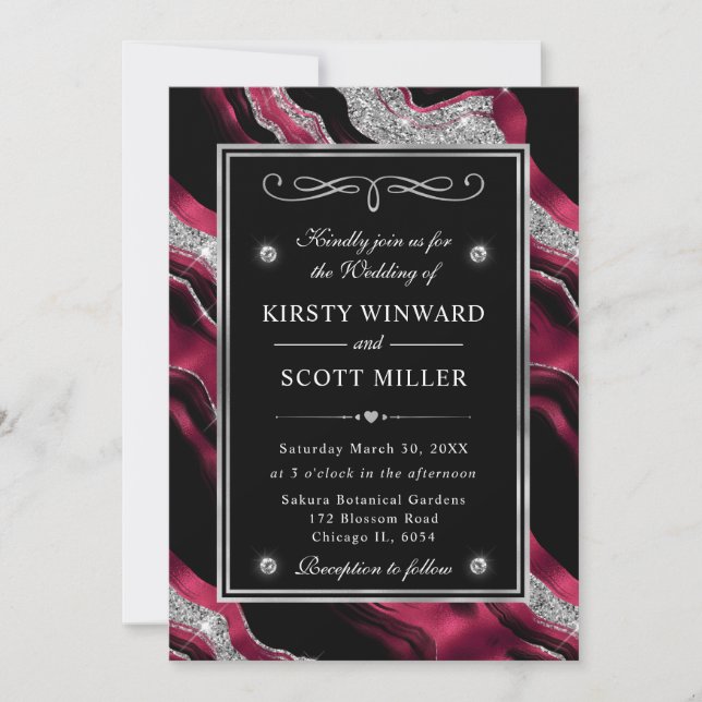 Eleganter Red Foil & Silver Glitzer Agate Wedding Einladung (Vorderseite)