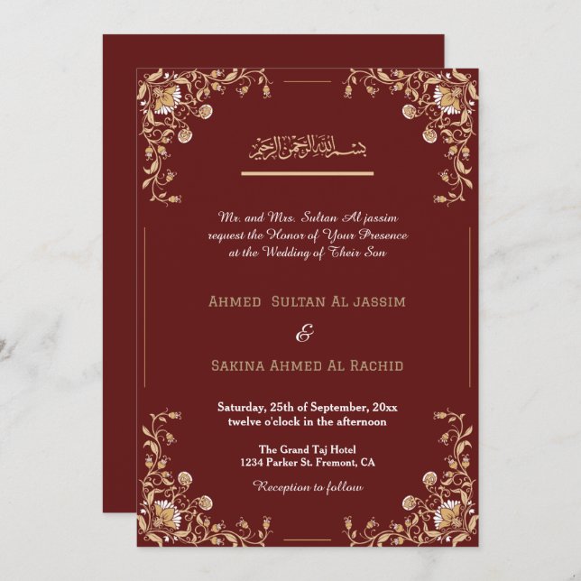 Eleganter Red Gold Islamic Wedding qr Code Einladung (Vorne/Hinten)
