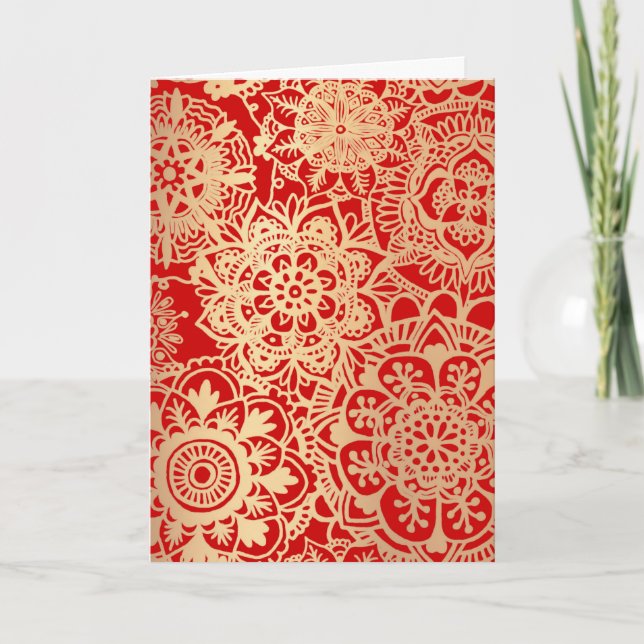 Eleganter Red Gold Mandala Weihnachtsfeiertag Feiertagskarte (Vorderseite)