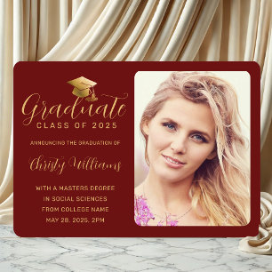 Eleganter Red Gold Script Foto Uni-Abschluss Ankündigung