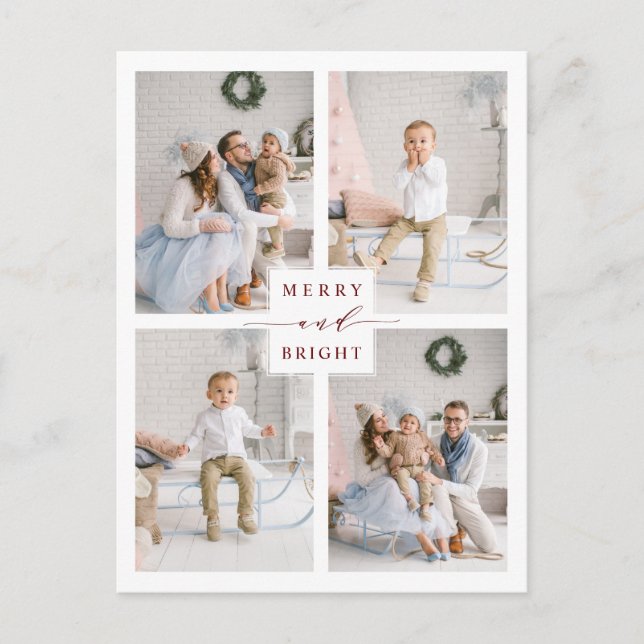 Eleganter Red Merry & Bright 4 Foto Holiday Postkarte (Vorderseite)