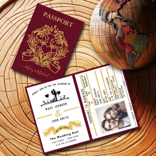 Eleganter Red Passport Stil Einladung zur Hochzeit (Von Creator hochgeladen)