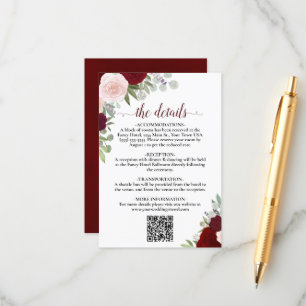 Eleganter Red & Pink Roses Wedding Details QR Code Begleitkarte