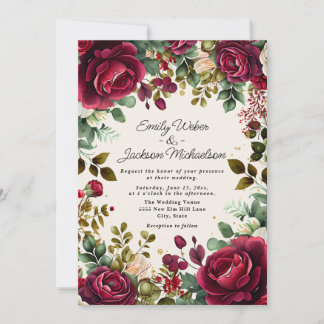 Eleganter Red Watercolor Floral Gold Glitzer Hochz Einladung