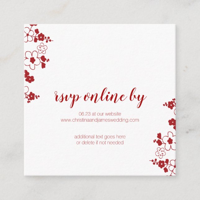 Eleganter Red & White Cherry Blossom Wedding RSVP Begleitkarte (Vorderseite)