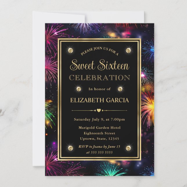 Eleganter Regenbogen Fireworks Frame 16 . Geburtst Einladung (Vorderseite)