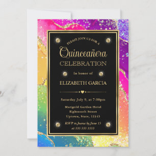 Eleganter Regenbogen Glitter Achat & Gold Quincean Einladung