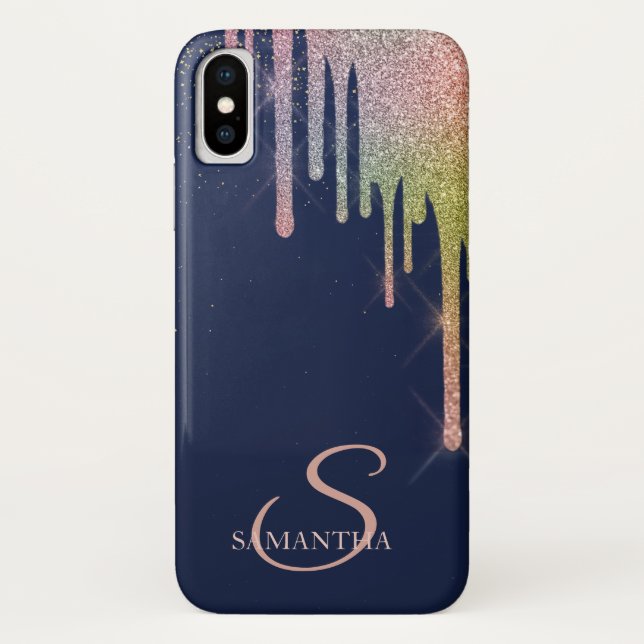 Eleganter Regenbogen-Glitzer-Tropfen, Navy Blue Case-Mate iPhone Hülle (Rückseite)