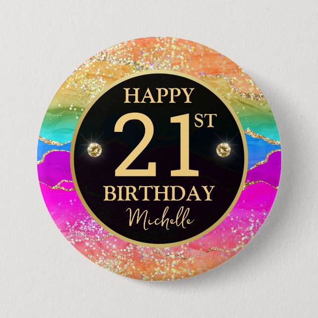 Eleganter Regenbogen-Gold-Glitter-Achat 21. Geburt Button (Vorderseite)