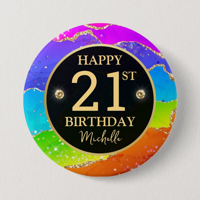 Eleganter Regenbogen-Gold-Glitter-Achat 21. Geburt Button (Vorderseite)