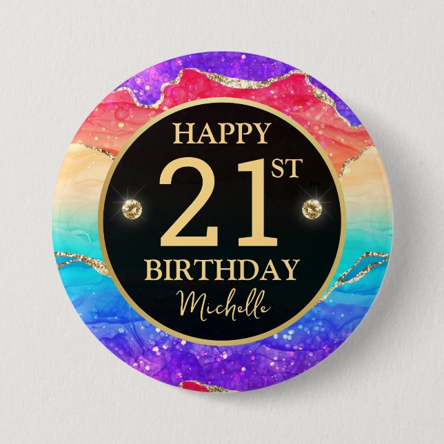 Eleganter Regenbogen-Gold-Glitter-Achat 21. Geburt Button (Vorderseite)