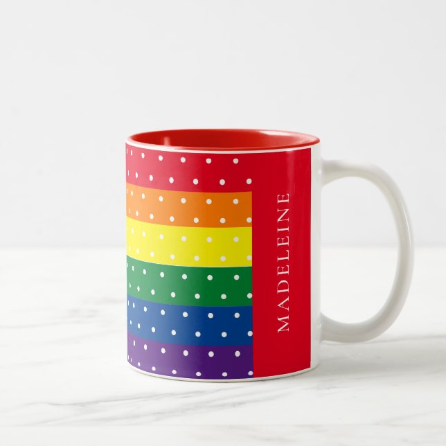 Eleganter Regenbogen und weißer Polka Dot Name Zwe Zweifarbige Tasse (Rechts)