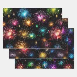 Eleganter Regenbogenfeuerwerk auf schwarzem Hinter Geschenkpapier Set