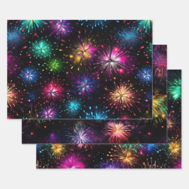 Eleganter Regenbogenfeuerwerk auf schwarzem Hinter Geschenkpapier Set