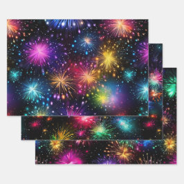 Eleganter Regenbogenfeuerwerk auf schwarzem Hinter Geschenkpapier Set