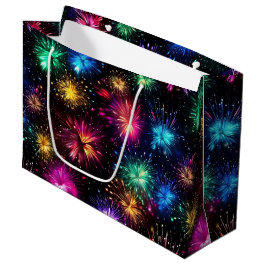 Eleganter Regenbogenfeuerwerk auf schwarzem Hinter Große Geschenktüte
