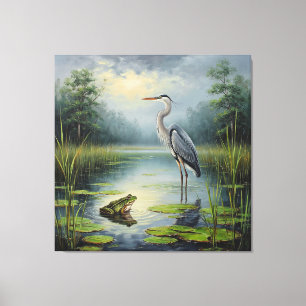 Eleganter Reiher in einem ruhigen Teich umgeben vo Leinwanddruck