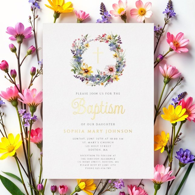 Eleganter, religiöser Girl Baptism Gold Folieneinladung (Elegant Floral Religious Girl Baptism Gold Foil Invitation)