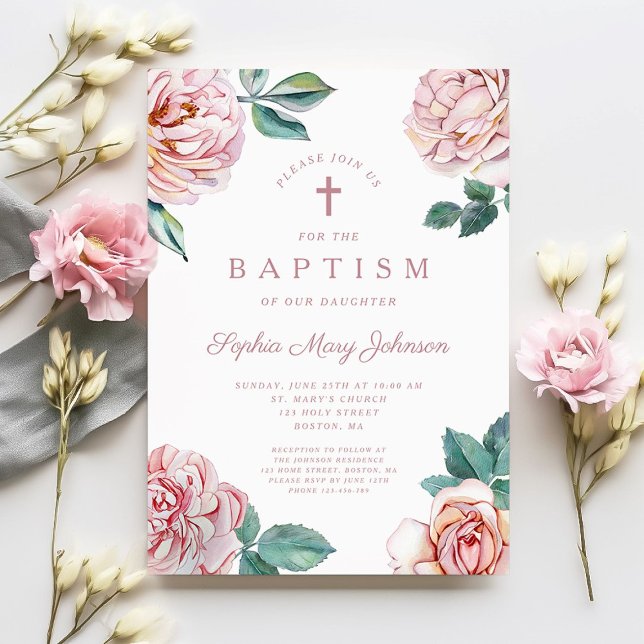 Eleganter, religiöser Kreuzdorfstich Einladung (Floral Peonies Religious Cross Girl Baptism Invitation)
