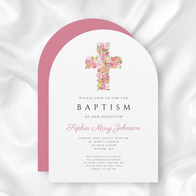 Eleganter Religiöser Rosa Blumenkreuz Taufbogen Einladung (Elegant Religious Pink Floral Cross Baptism Arch Invitation)