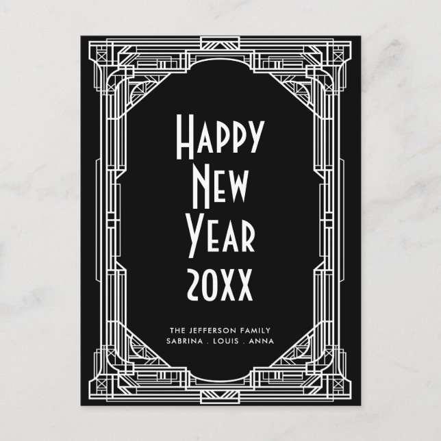 Eleganter Retro-Art Deko Happy New Year Postkarte (Vorderseite)