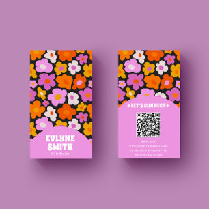 Eleganter Retro Rosa farbenfroher QR Code Groovy F Visitenkarte
