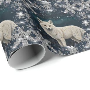Eleganter retro weißer Winterfuchs funkelnde Schne Geschenkpapier
