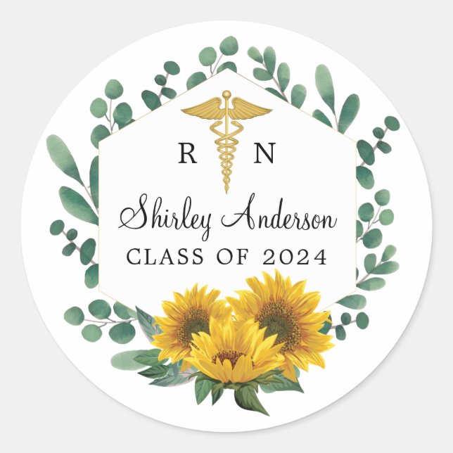 Eleganter RN Sunflower Nurse Abschluss Runder Aufkleber (Vorderseite)