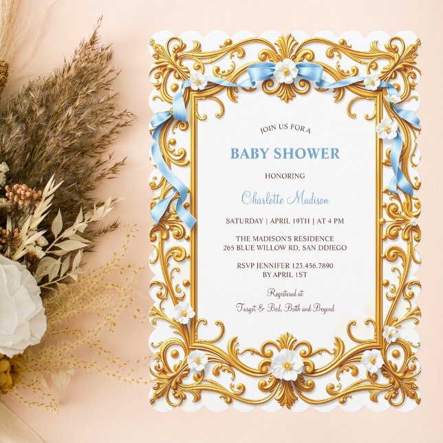 Eleganter Rokoko Blue Gold Floral Boy Baby Shower Einladung (Elegant Rococo Blue Gold Floral Boy Baby Shower Invitation)