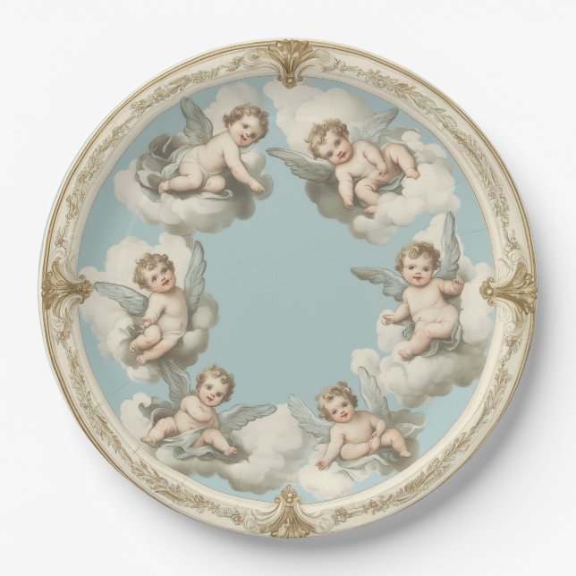 Eleganter Rokoko Cherub Cloud Blue Paper Plate Pappteller (Vorderseite)