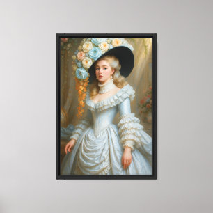 Eleganter Rokoko Lady mit Blumenhut Leinwanddruck