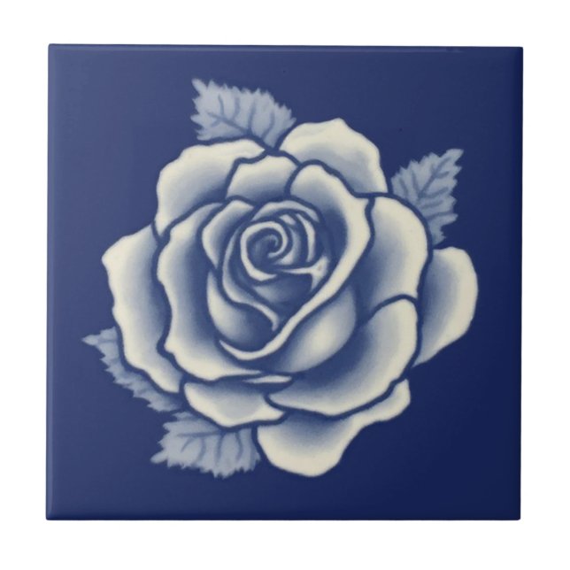 Eleganter romantischer Chic blaue florale Damast-R Fliese (Vorderseite)