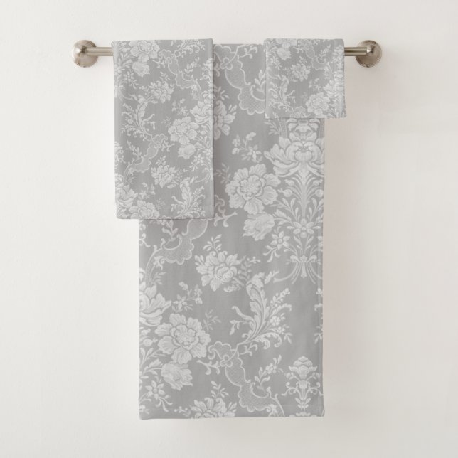 Eleganter Romantischer Chic Floral Damask-Gray Badhandtuch Set (Insitu)