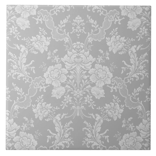 Eleganter Romantischer Chic Floral Damask-Gray Fliese (Vorderseite)