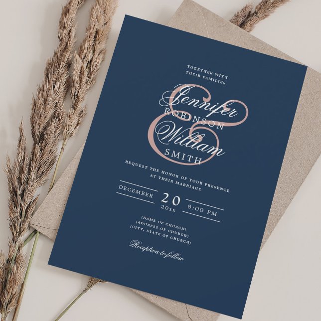 Eleganter romantischer Hochzeitstil + Navy Blue Einladung (Elegant Romantic Wedding Classic Blush + Navy Blue Invitation)