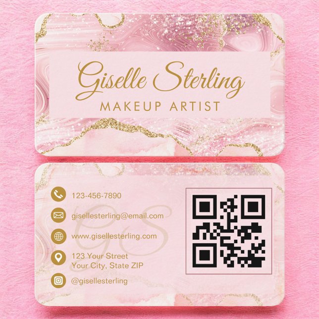 Eleganter, rosa Agate Makeup Artist QR Code Visitenkarte (Von Creator hochgeladen)