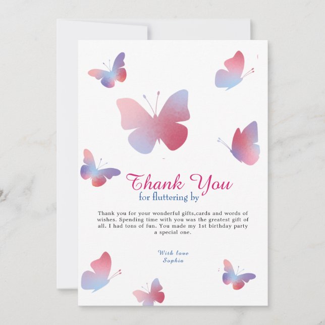 Eleganter Rosa Blauer Schmetterling Geburtstag Dankeskarte (Vorderseite)