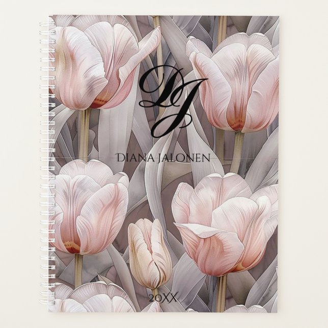 Eleganter rosa Blume Monogramm Personalisierter Na Planer (Vorderseite)