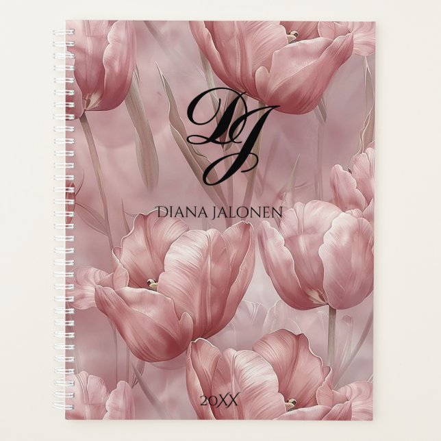 Eleganter rosa Blume Monogramm Personalisierter Na Planer (Vorderseite)