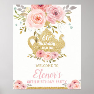 Eleganter Rosa Blumen-Teeparty-Birthday-Willkommen Poster