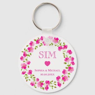 Eleganter rosa Blumenkranz Monogramm Hochzeitsgesc Schlüsselanhänger