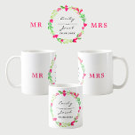 Eleganter rosa Blumenkranz MR MRS. Hochzeitsnamen Kaffeetasse<br><div class="desc">Tasse mit rosafarbenen Blume mit grünen Zweigen und Blätter Kranzdesign. Name und Datum des Ehepaares. MR auf der einen Seite und MRS auf der anderen Seite. Personalisieren Sie diese Vorlage,  um Ihre Informationen hinzuzufügen. Klicken Sie,  um weitere Änderungen vorzunehmen. Alles ist anpassbar.</div>
