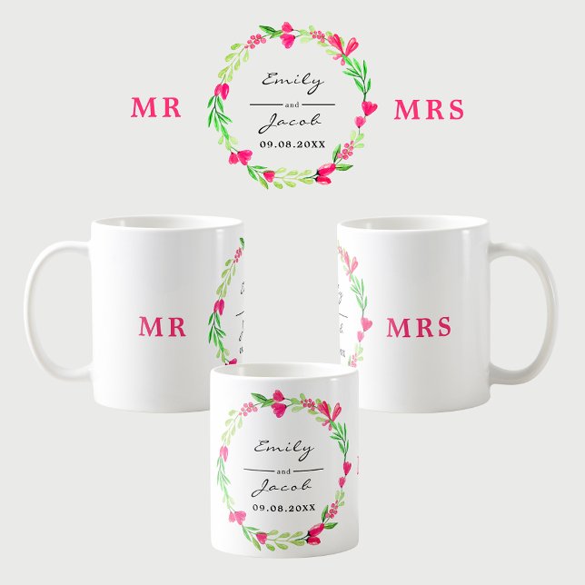 Eleganter rosa Blumenkranz MR MRS. Hochzeitsnamen Kaffeetasse (Elegant Pink Floral Wreath MR MRS Wedding Names Coffee Mug)