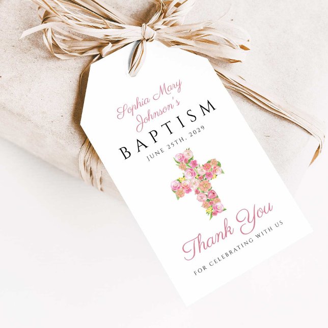 Eleganter rosa Blumenkreuz Religiöse Taufe Geschenkanhänger (Elegant Pink Floral Cross Religious Baptism Gift Tags)