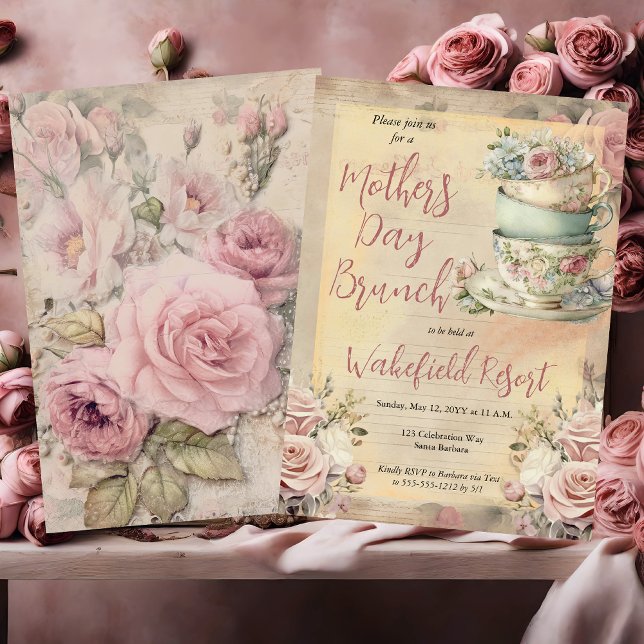 Eleganter rosa Blumenstrauß Tee Muttertag Brunch Einladung (Elegant Pink Floral Tea Cups Mother's Day Brunch Invitation)
