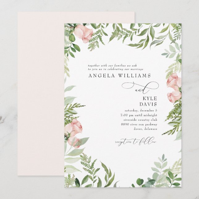 Eleganter Rosa/Blush Bloral Eukalyptus Keine Elter Einladung (Vorne/Hinten)